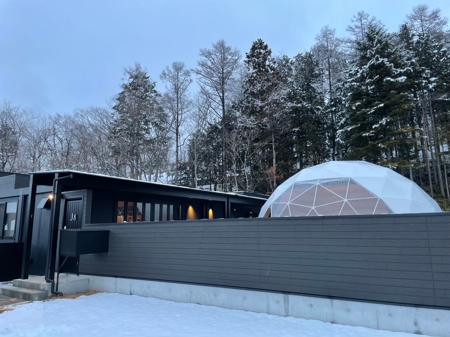 ビジョングランピング山中湖のドームテント外観と雪景色